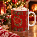 My King Has been Born Christmas Wreath Ceramic Mug — Festive Red Holiday Coffee Cup (11oz & 15oz)