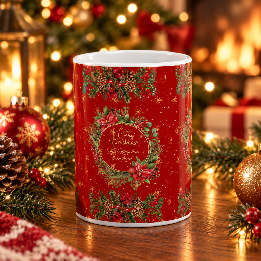 My King Has been Born Christmas Wreath Ceramic Mug — Festive Red Holiday Coffee Cup (11oz & 15oz)