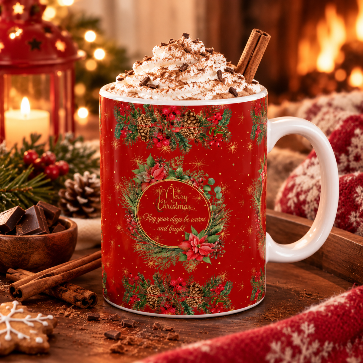 My King Has been Born Christmas Wreath Ceramic Mug — Festive Red Holiday Coffee Cup (11oz & 15oz)