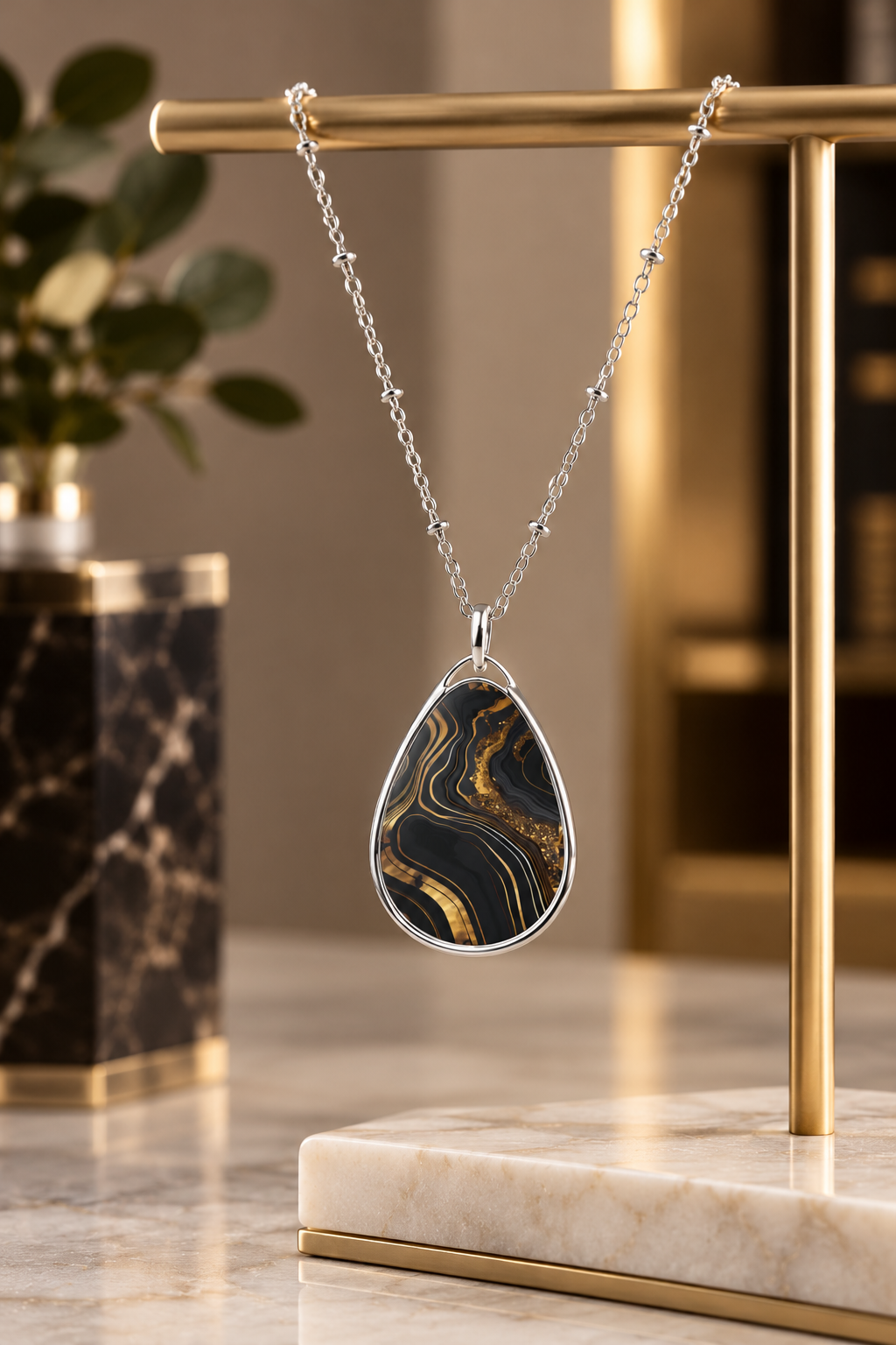 Elegant Black & Gold Agate-Print Teardrop Pendant Necklace