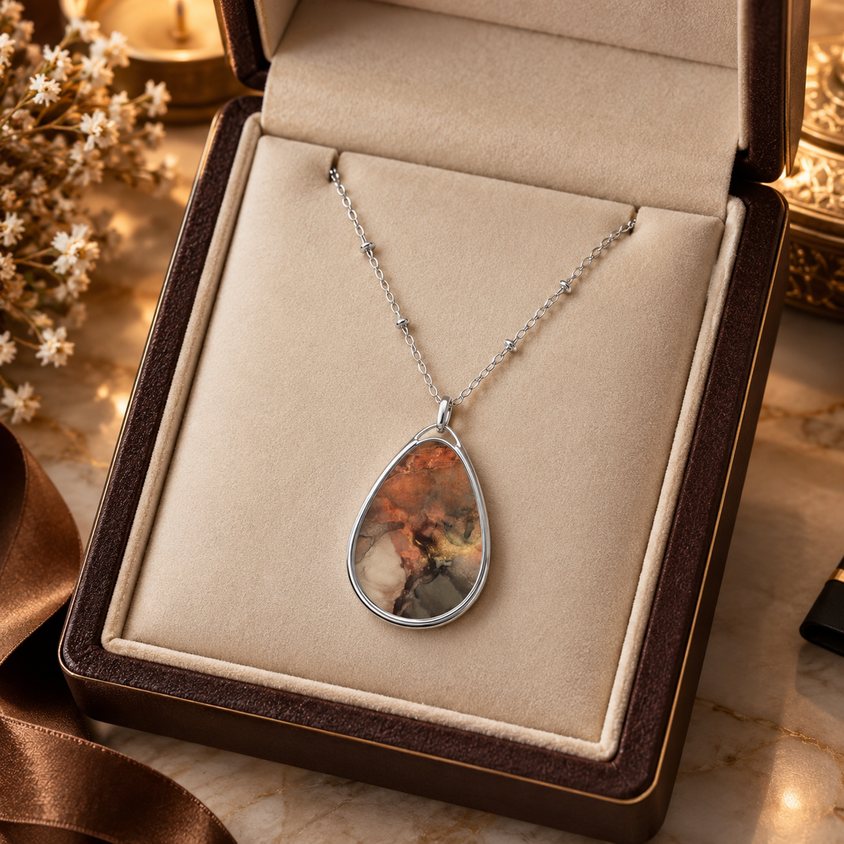 Elegant Warm Earth-Tone Print Teardrop Pendant Necklace