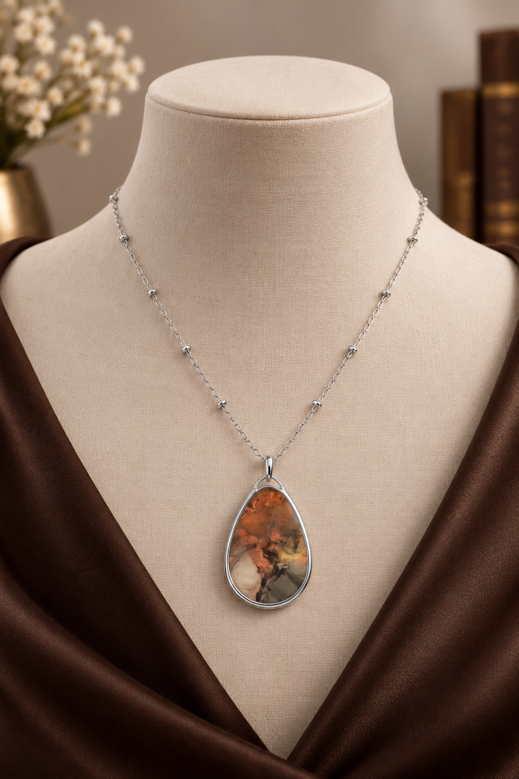 Elegant Warm Earth-Tone Print Teardrop Pendant Necklace