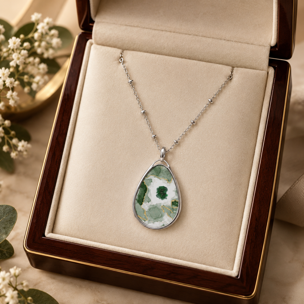 Elegant Green Marble-Print Oval Pendant Necklace
