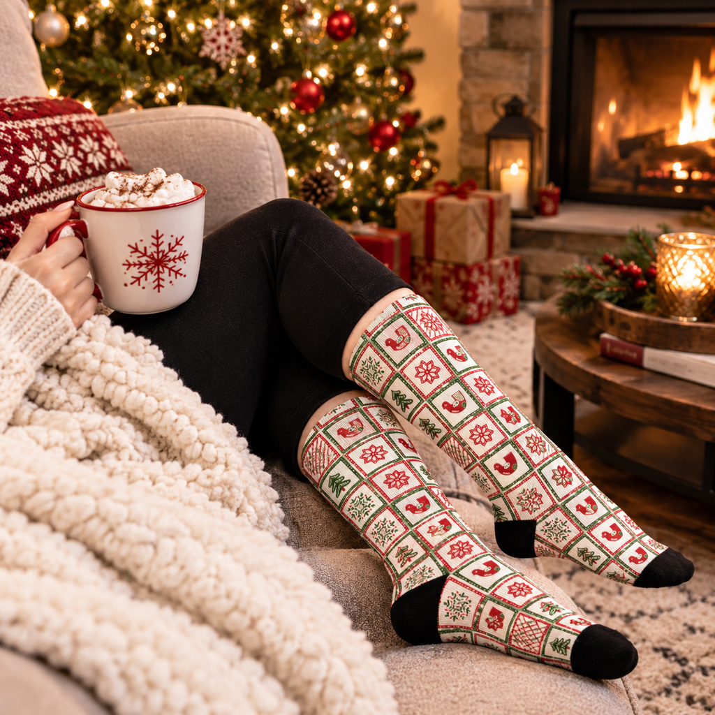 Holiday Patchwork Crew Socks — Christmas Tree & Snowflake Cushioned Socks