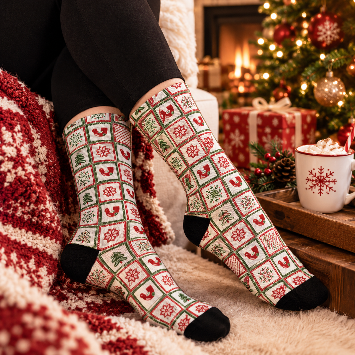 Holiday Patchwork Crew Socks — Christmas Tree & Snowflake Cushioned Socks