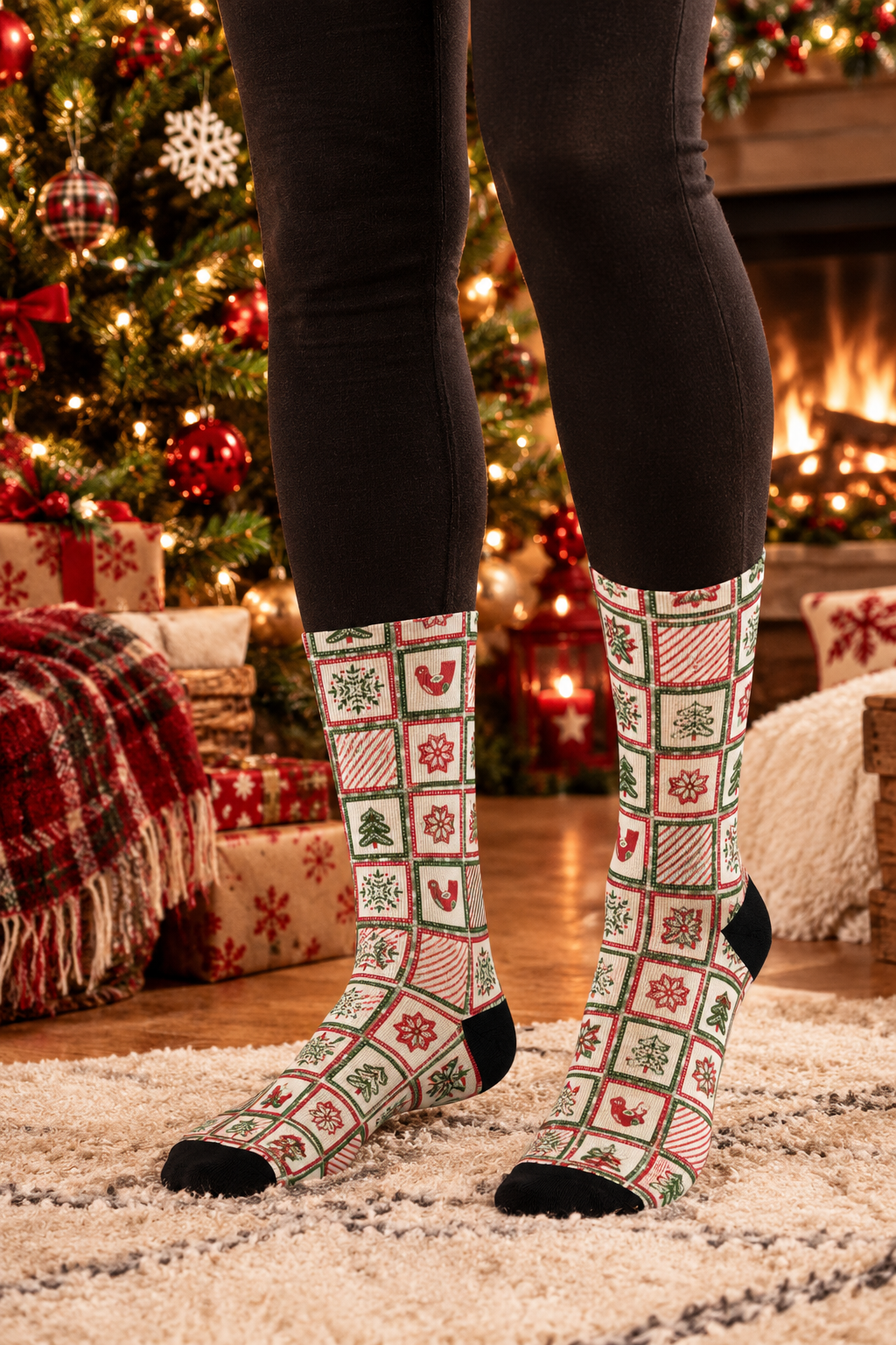 Holiday Patchwork Crew Socks — Christmas Tree & Snowflake Cushioned Socks