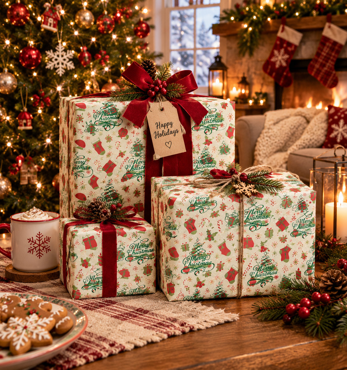 Christmas Wrapping Paper Roll — Festive Holly, Trees & Stockings Pattern