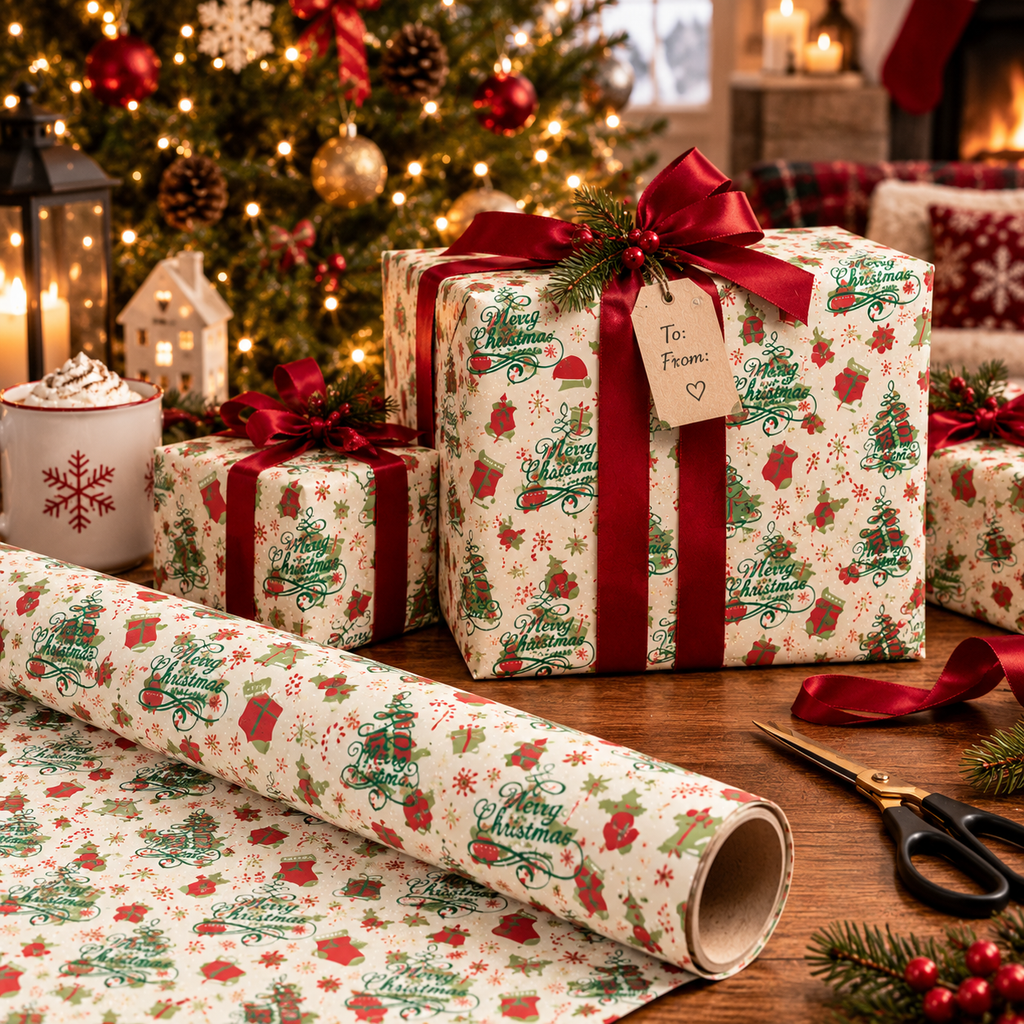Christmas Wrapping Paper Roll — Festive Holly, Trees & Stockings Pattern