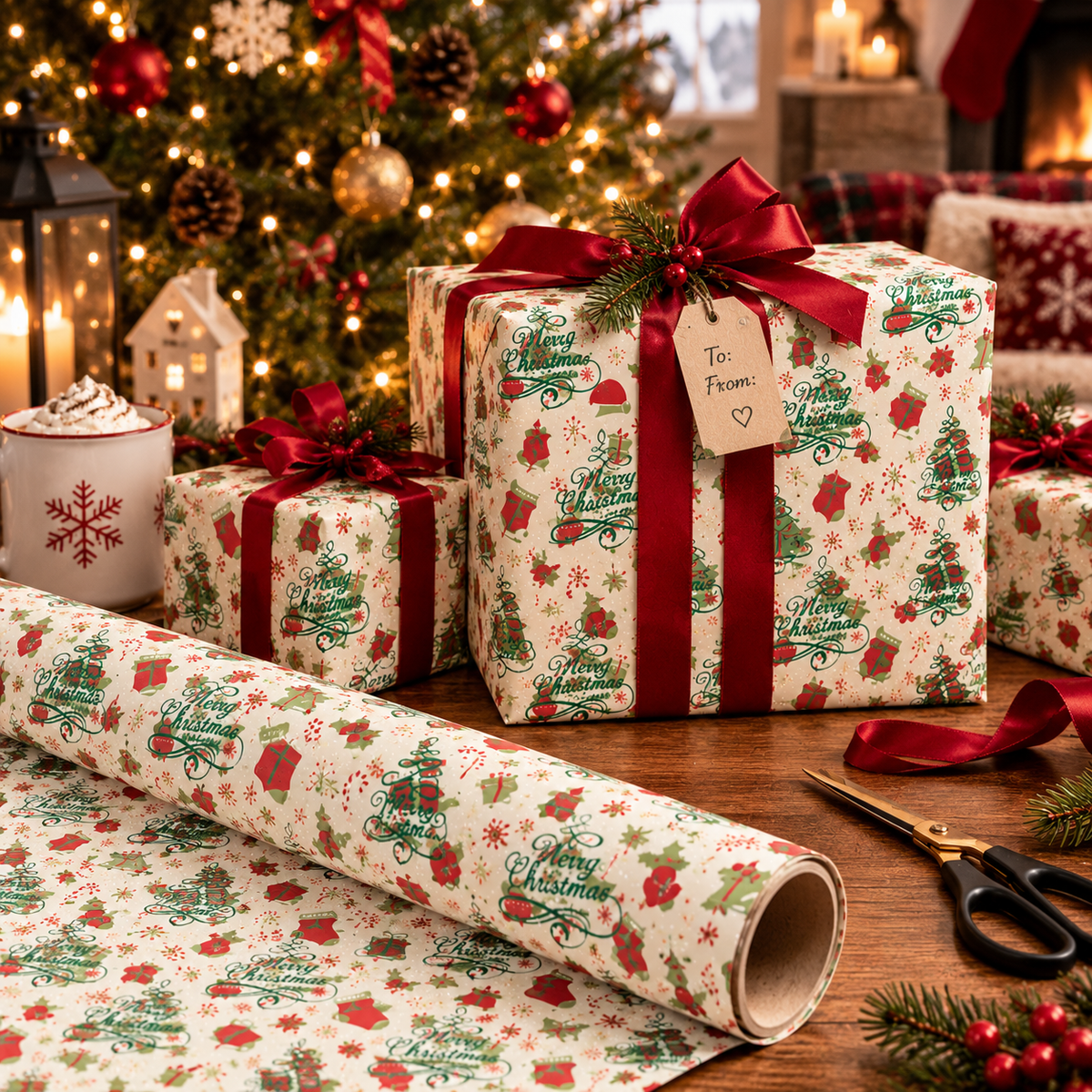 Christmas Wrapping Paper Roll — Festive Holly, Trees & Stockings Pattern