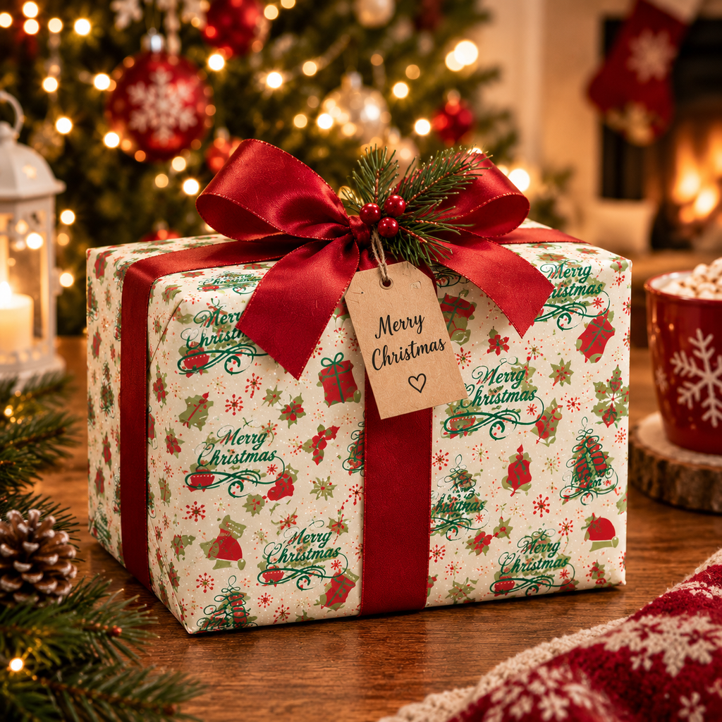 Christmas Wrapping Paper Roll — Festive Holly, Trees & Stockings Pattern