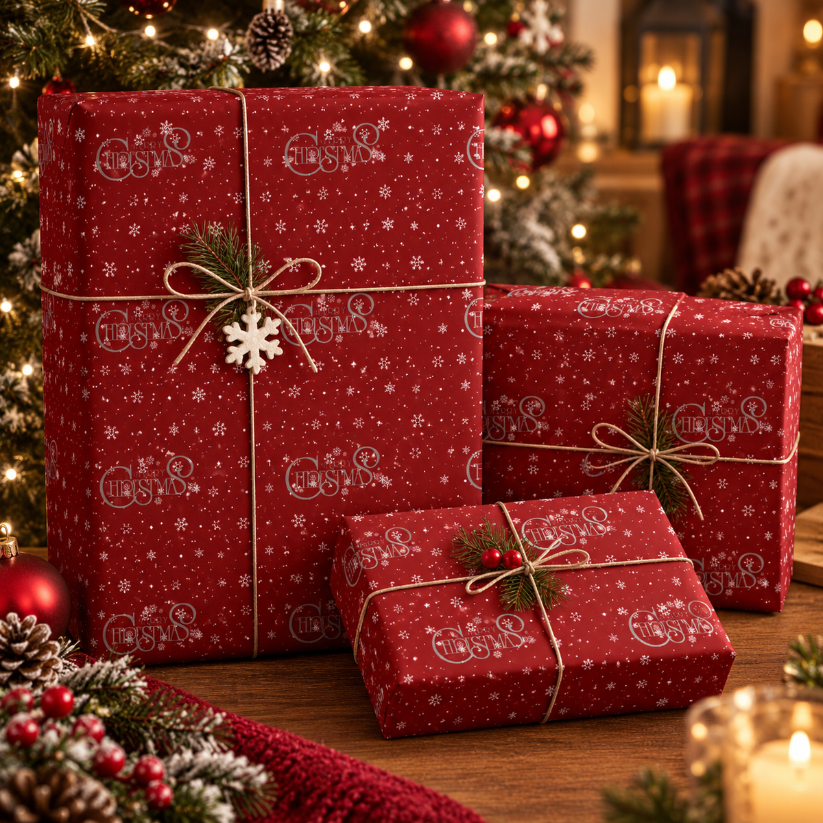 Red Christmas Wrapping Paper with Snowflakes and Holiday Ornaments