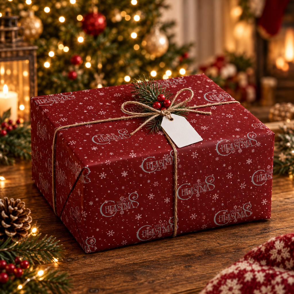 Red Christmas Wrapping Paper with Snowflakes and Holiday Ornaments