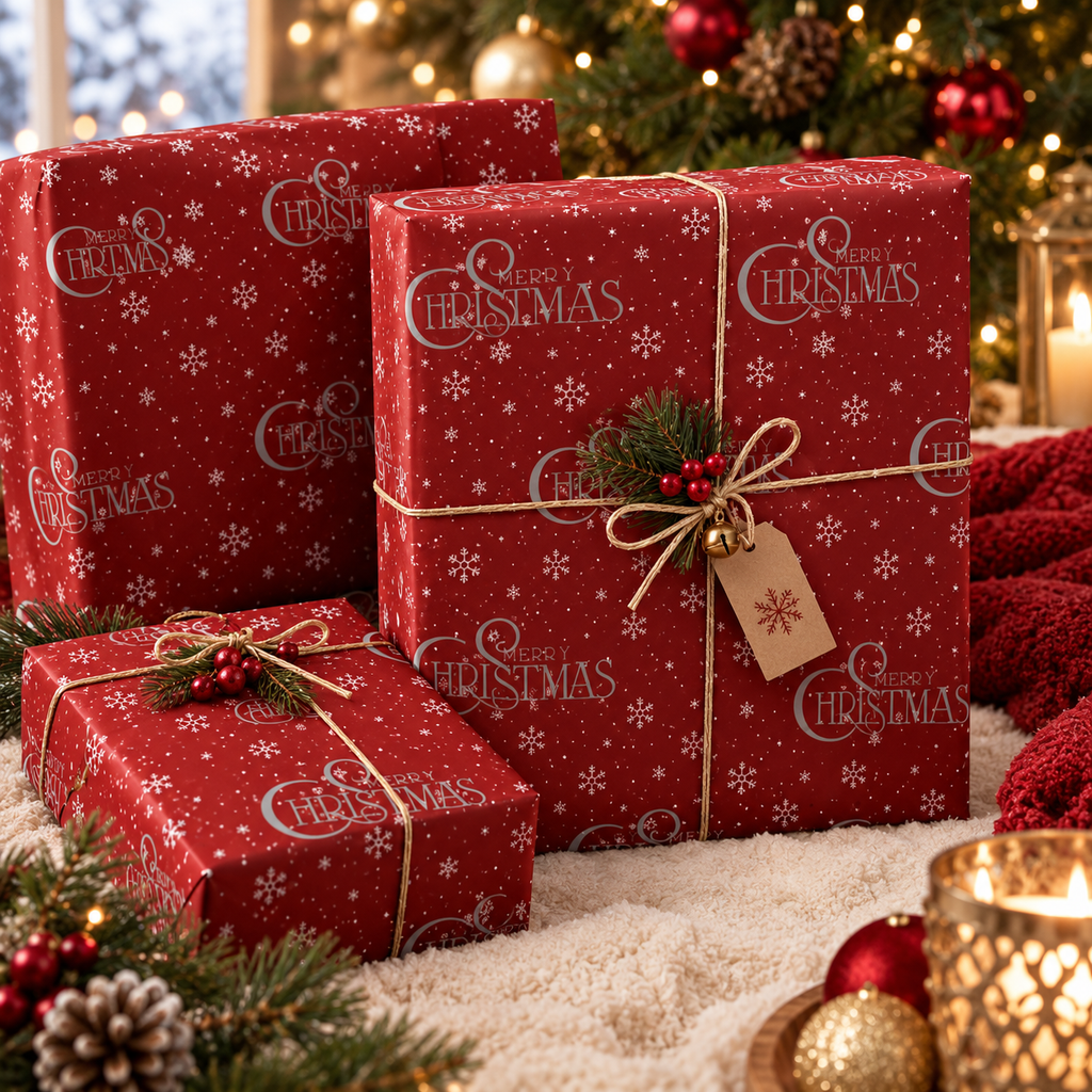 Red Christmas Wrapping Paper with Snowflakes and Holiday Ornaments