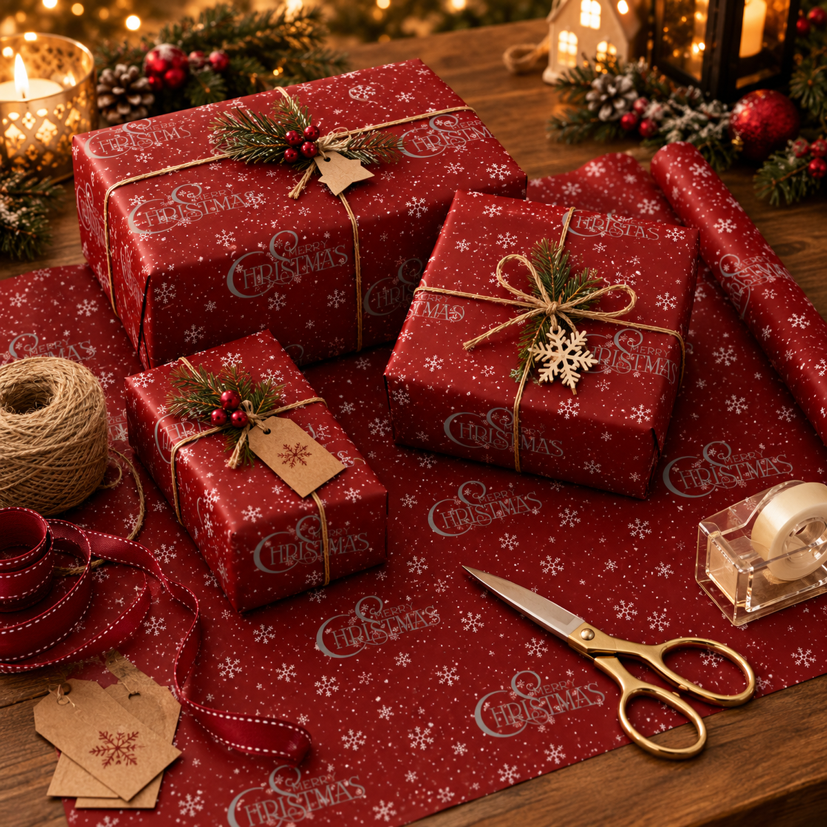 Red Christmas Wrapping Paper with Snowflakes and Holiday Ornaments