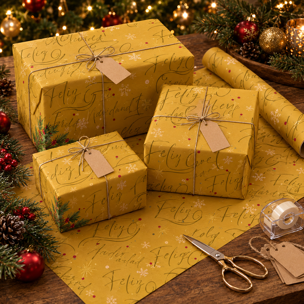 Christmas Wrapping Paper – “Feliz Navidad” Gold Holiday Gift Wrap with Evergreen & Snowflake Pattern