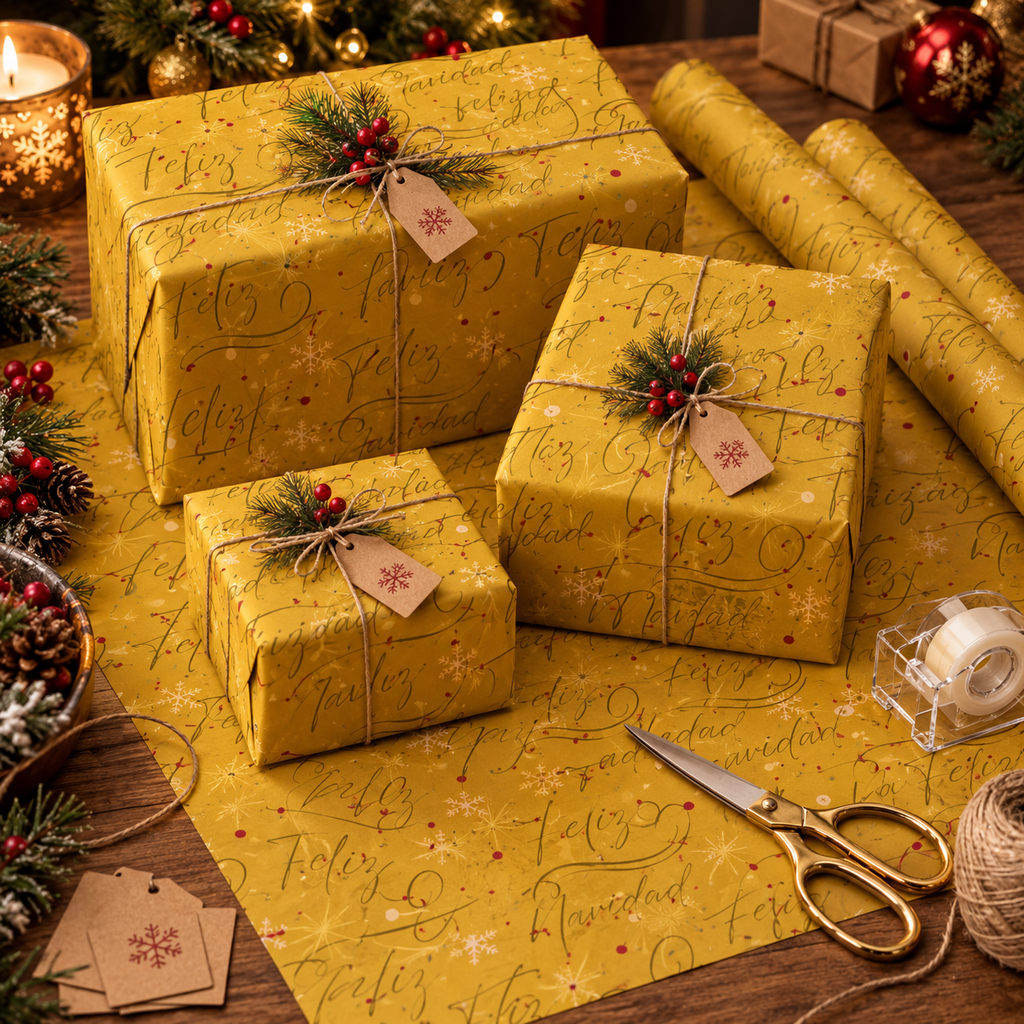 Christmas Wrapping Paper – “Feliz Navidad” Gold Holiday Gift Wrap with Evergreen & Snowflake Pattern