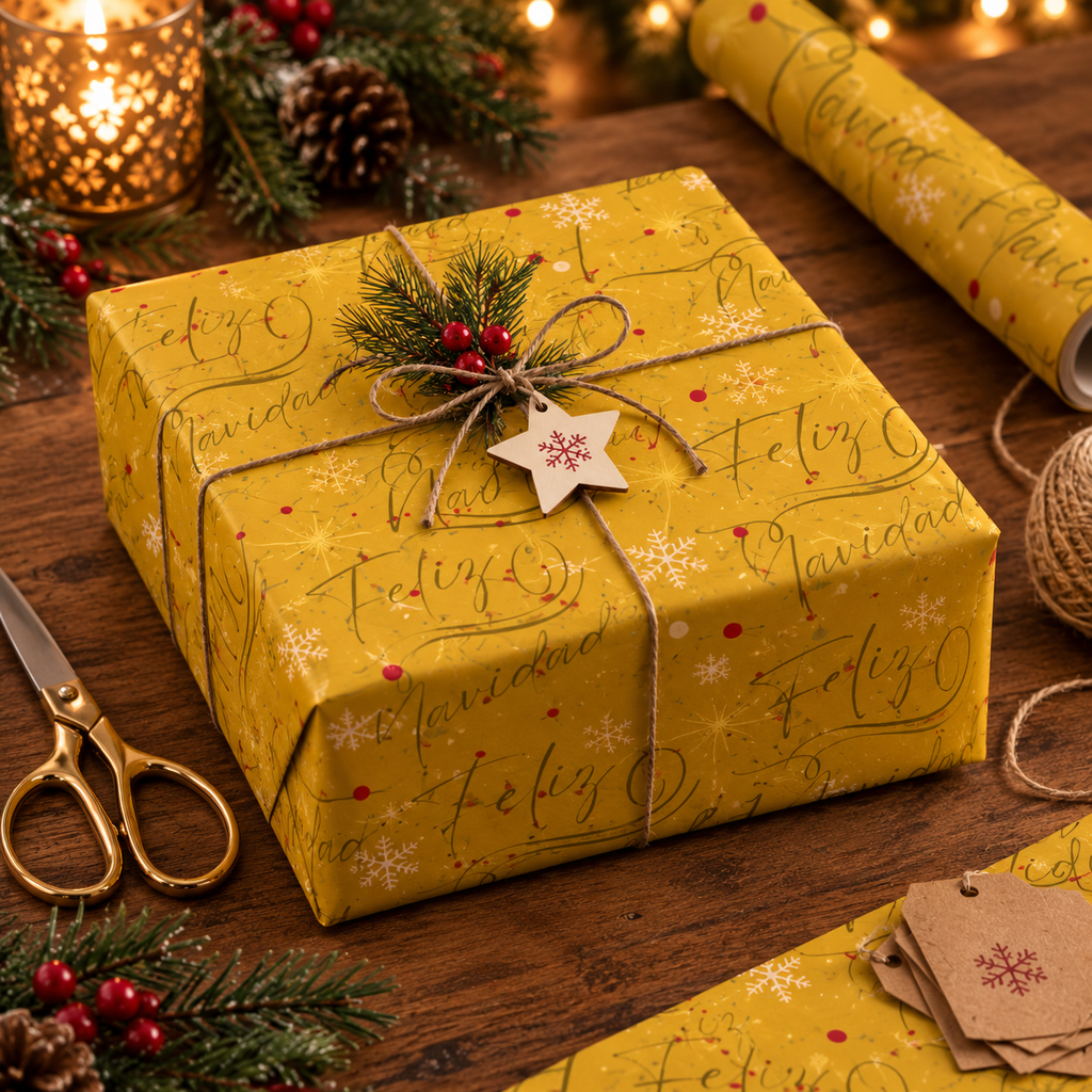 Christmas Wrapping Paper – “Feliz Navidad” Gold Holiday Gift Wrap with Evergreen & Snowflake Pattern