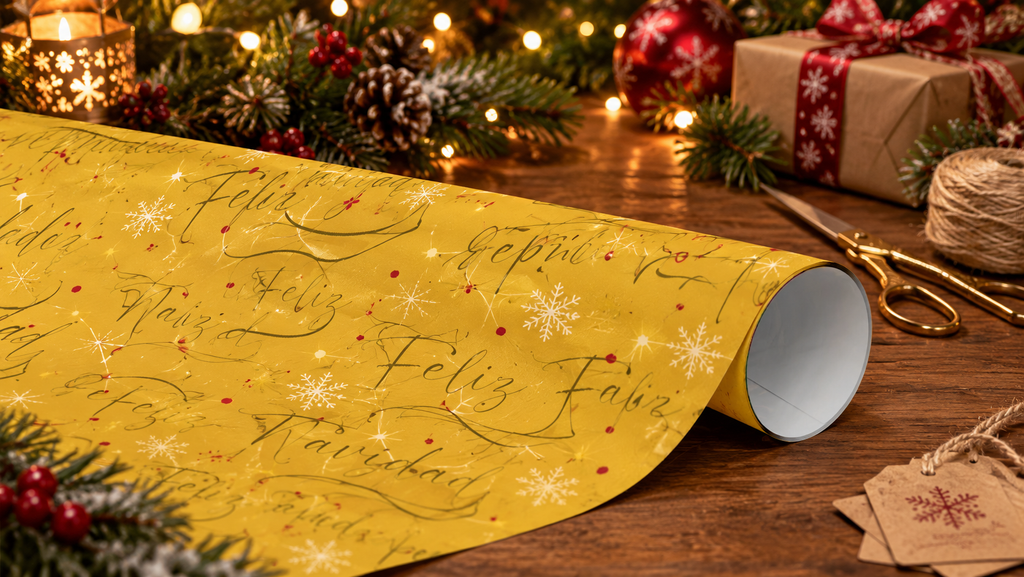Christmas Wrapping Paper – “Feliz Navidad” Gold Holiday Gift Wrap with Evergreen & Snowflake Pattern