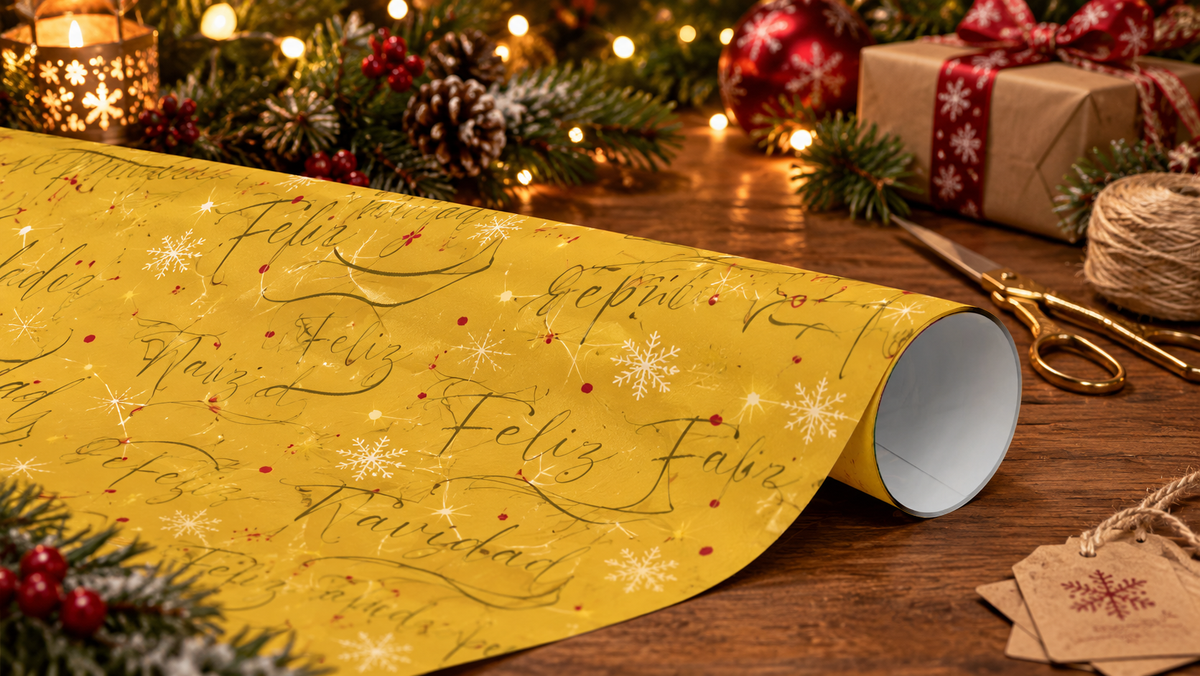 Christmas Wrapping Paper – “Feliz Navidad” Gold Holiday Gift Wrap with Evergreen & Snowflake Pattern