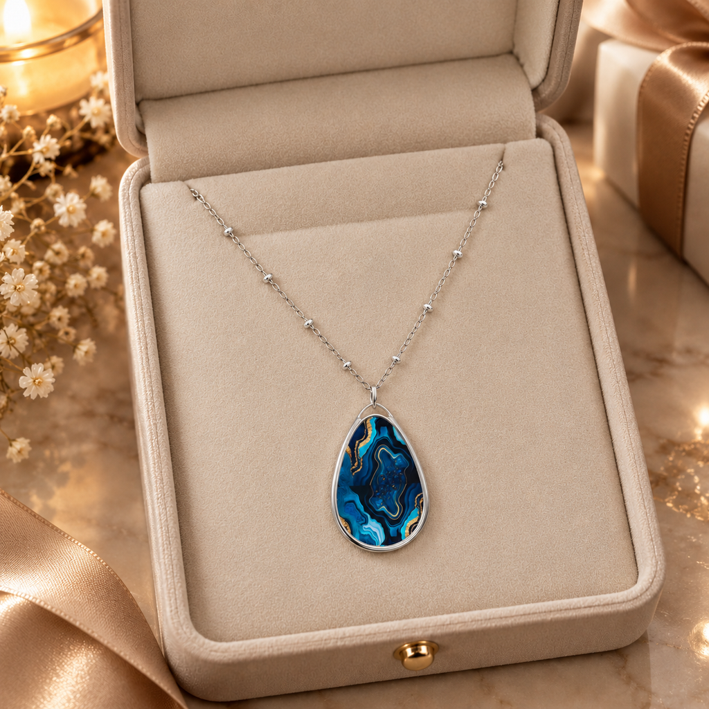 Elegant Blue Agate-Print Oval Pendant Necklace