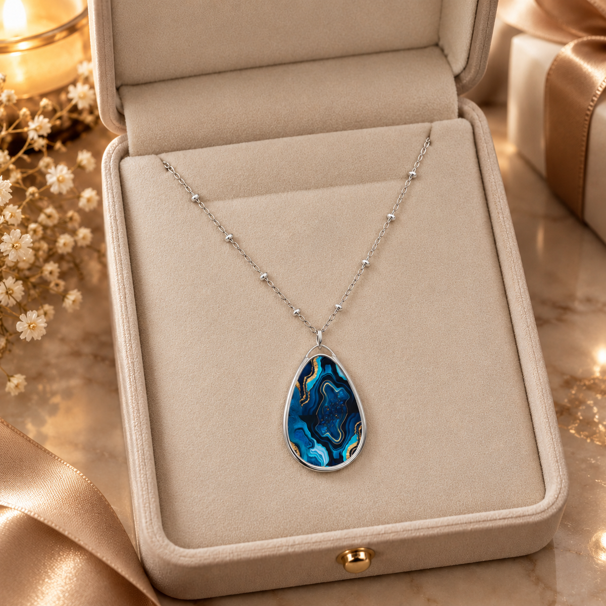 Elegant Blue Agate-Print Oval Pendant Necklace