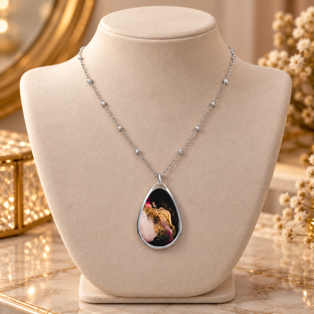 Elegant Black & Gold Marble-Print Oval Pendant Necklace