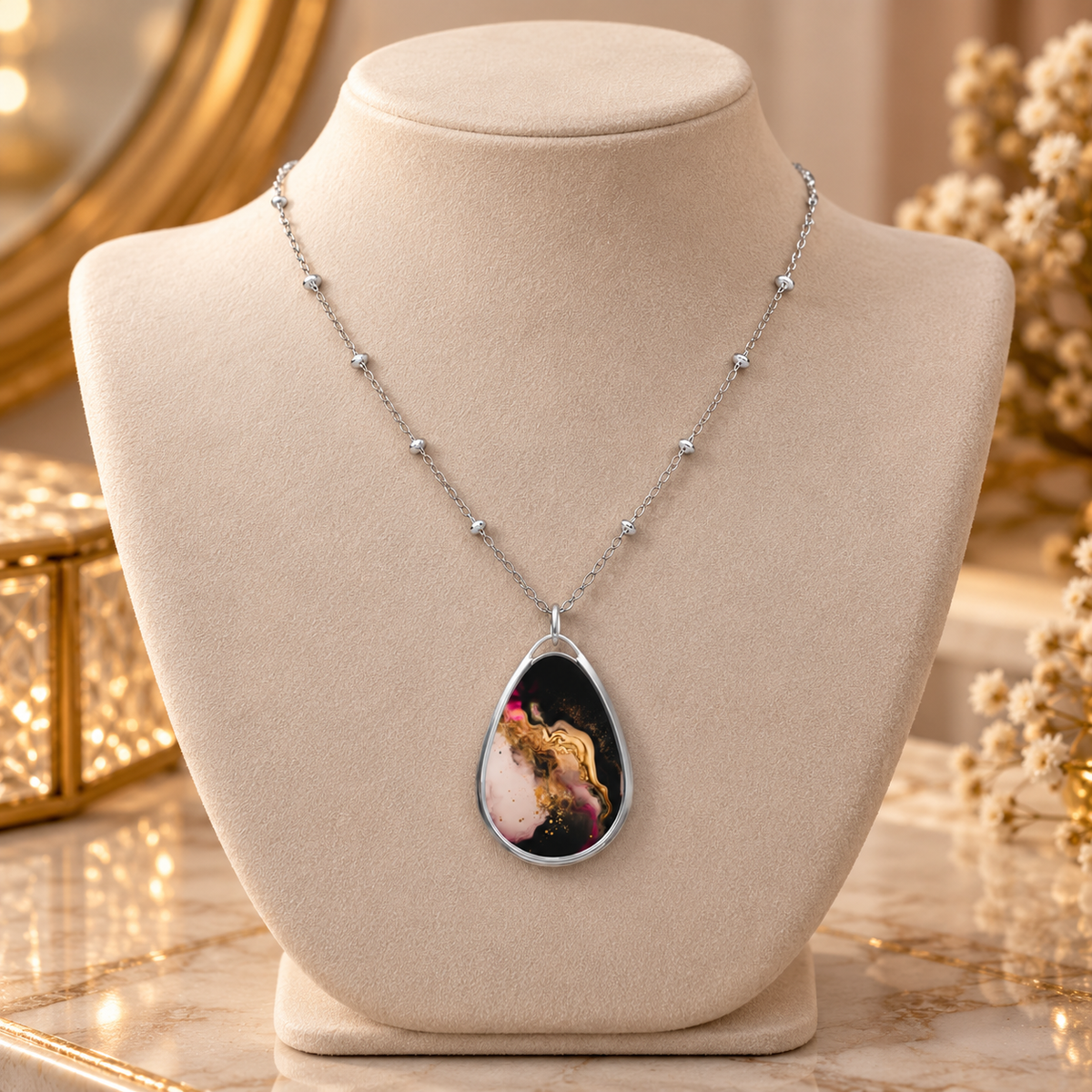 Elegant Black & Gold Marble-Print Oval Pendant Necklace