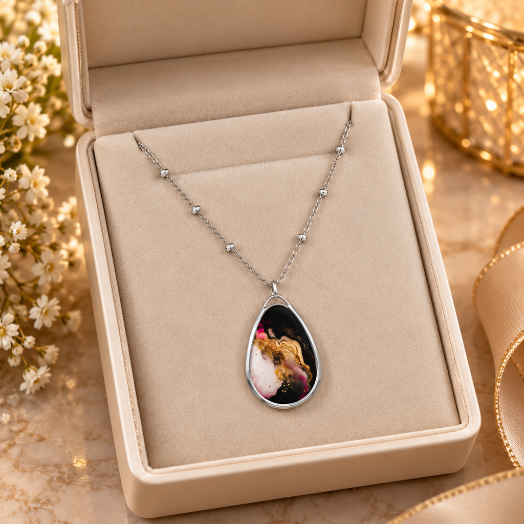 Elegant Black & Gold Marble-Print Oval Pendant Necklace