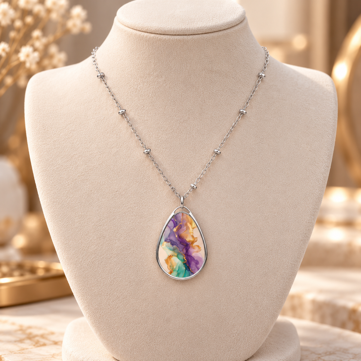 Oval Pendant Necklace — Abstract Watercolor Teal & Purple Jewelry
