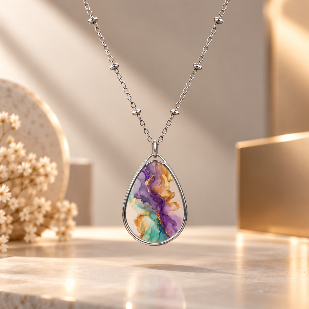 Oval Pendant Necklace — Abstract Watercolor Teal & Purple Jewelry