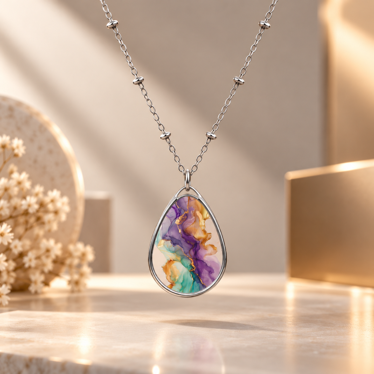 Oval Pendant Necklace — Abstract Watercolor Teal & Purple Jewelry