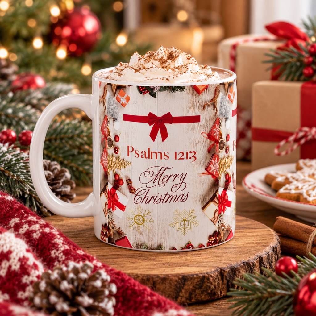 Christmas Psalms Mug — "Psalms 121:3" Merry Christmas Ceramic Coffee Cup (11oz)