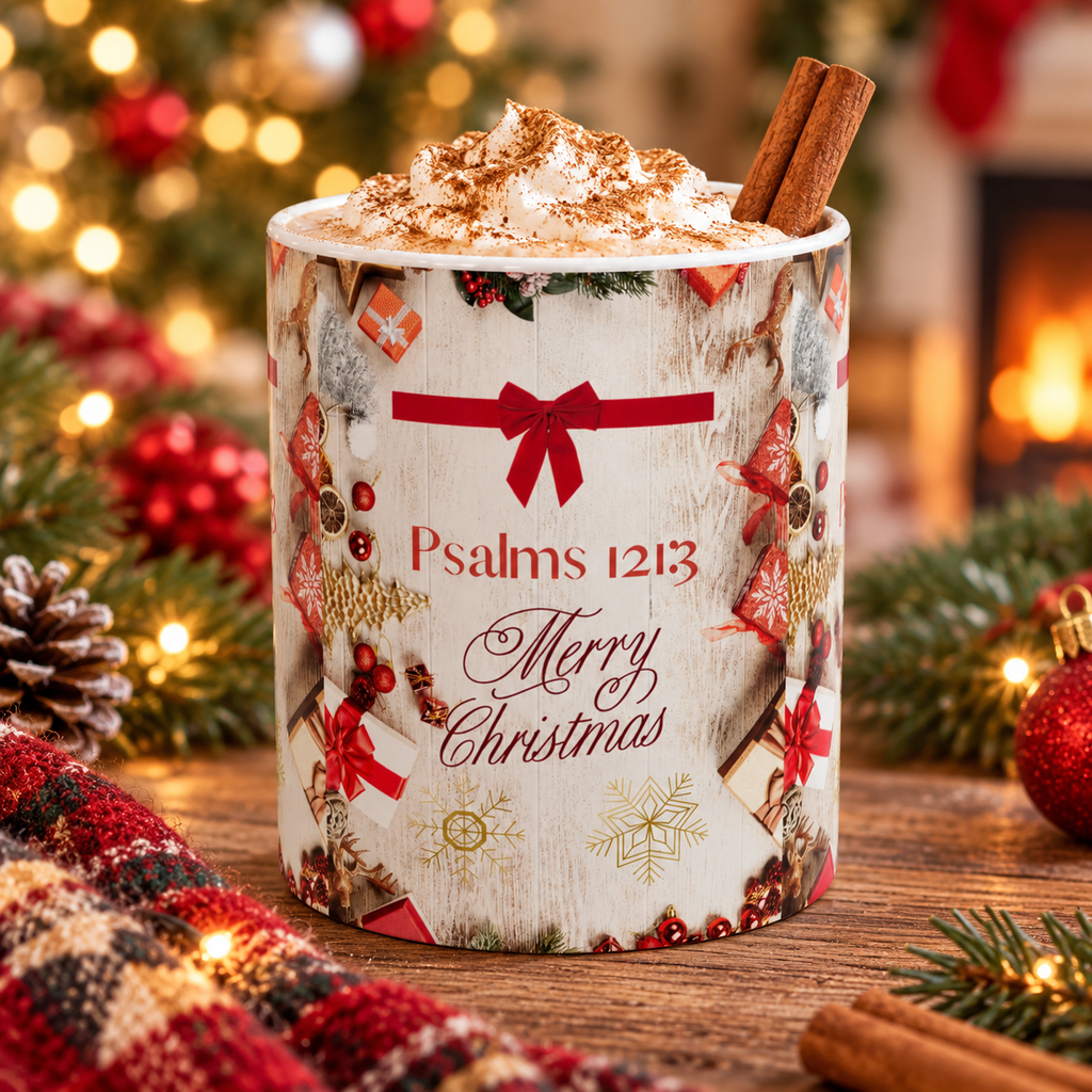 Christmas Psalms Mug — "Psalms 121:3" Merry Christmas Ceramic Coffee Cup (11oz)