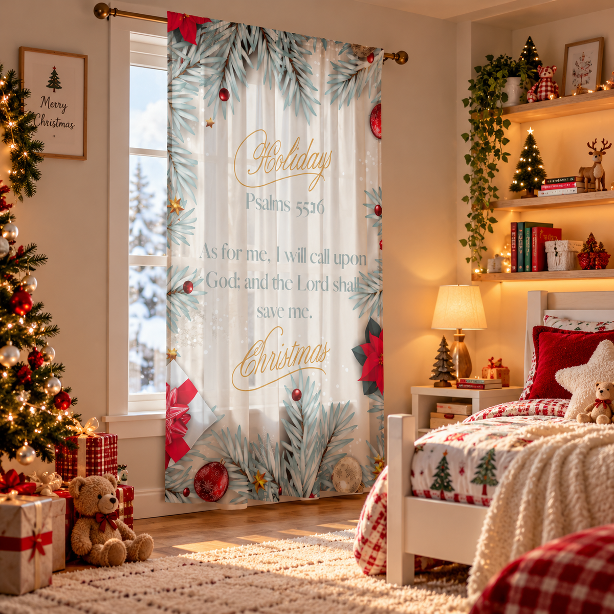 Christmas Scripture Sheer Curtain - "Psalms 55:16" Holiday Window Panel