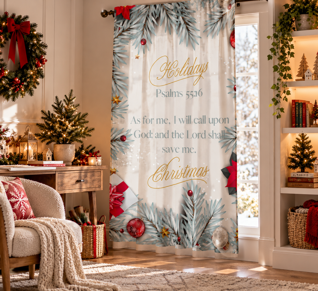 Christmas Scripture Sheer Curtain - "Psalms 55:16" Holiday Window Panel