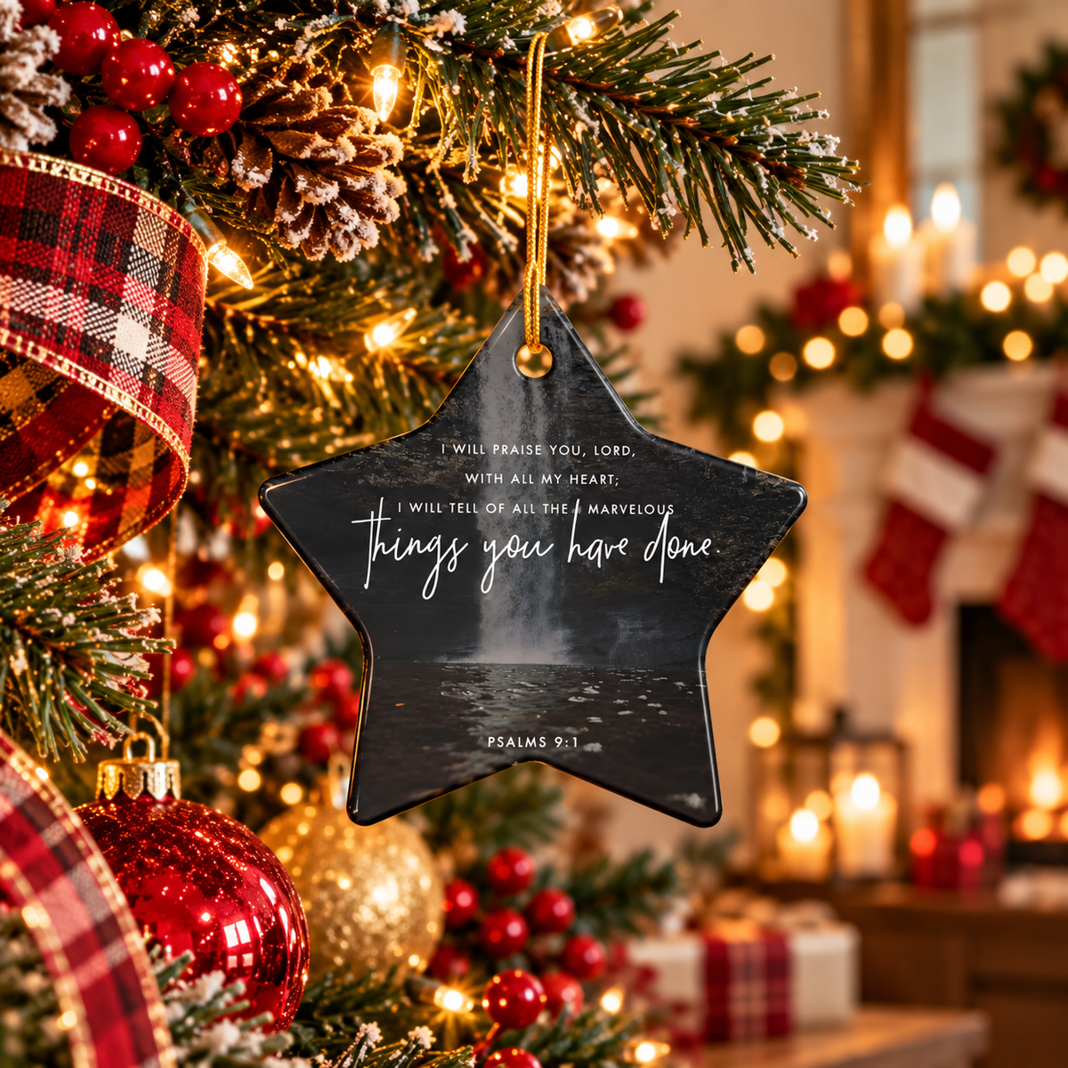 Psalms 9:1 Ceramic Faith Ornament — Christmas Decoration