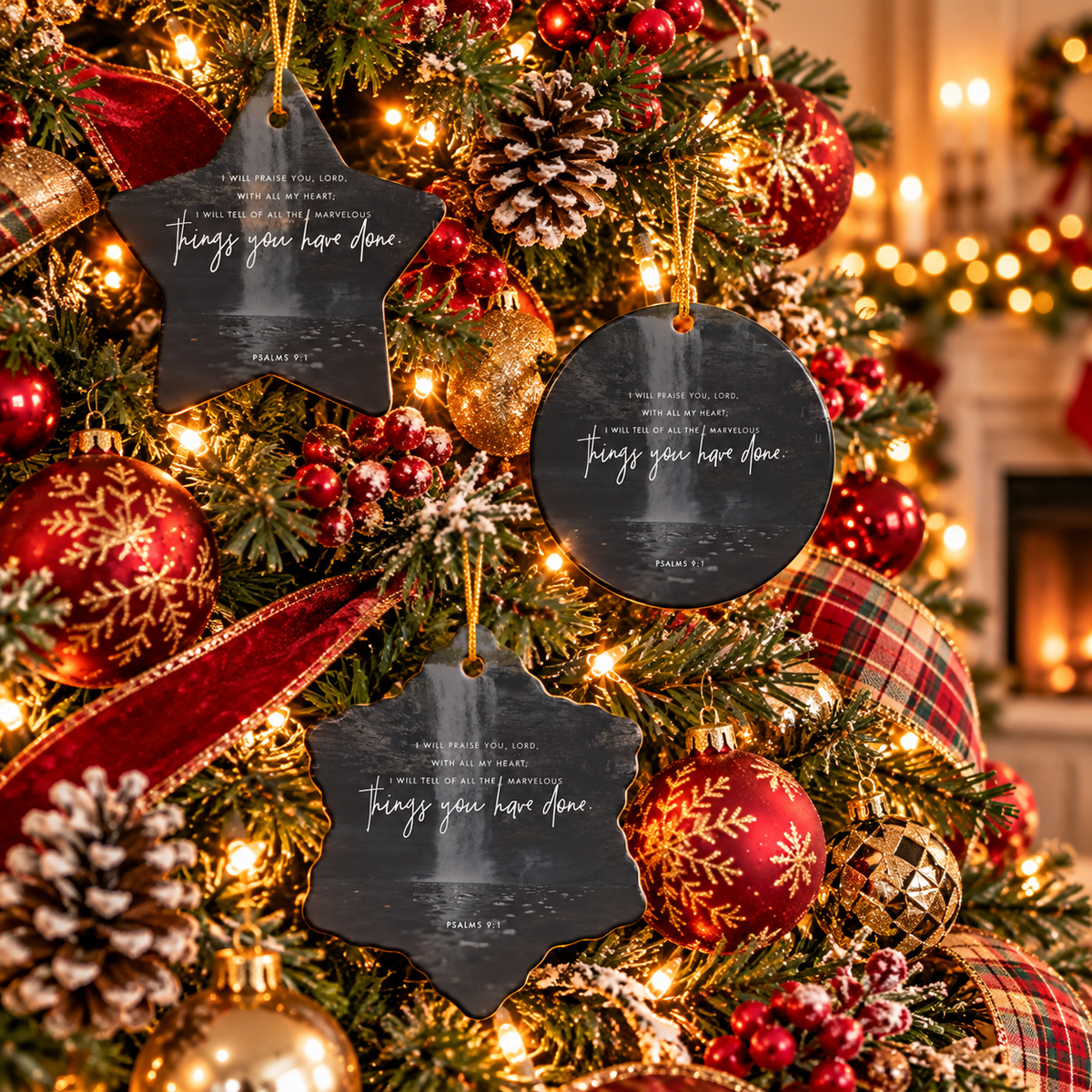 Psalms 9:1 Ceramic Faith Ornament — Christmas Decoration