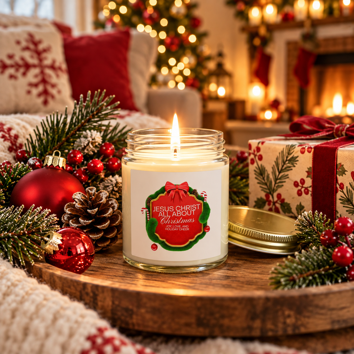 Christmas Candle — "Jesus Christ Is All About Christmas" Scented Coconut Apricot Wax (4oz)