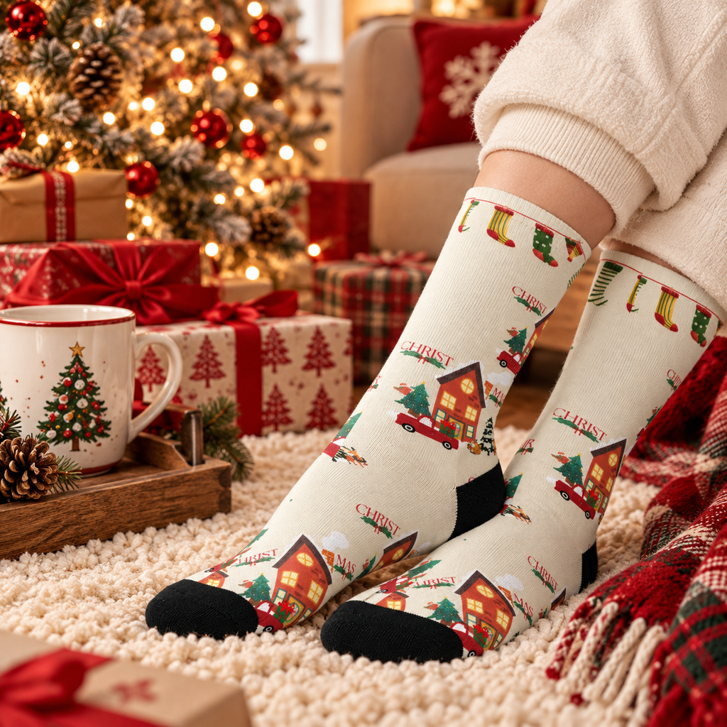 Christmas Village Mid-Length Socks — Cozy Holiday Tree & Car Pattern