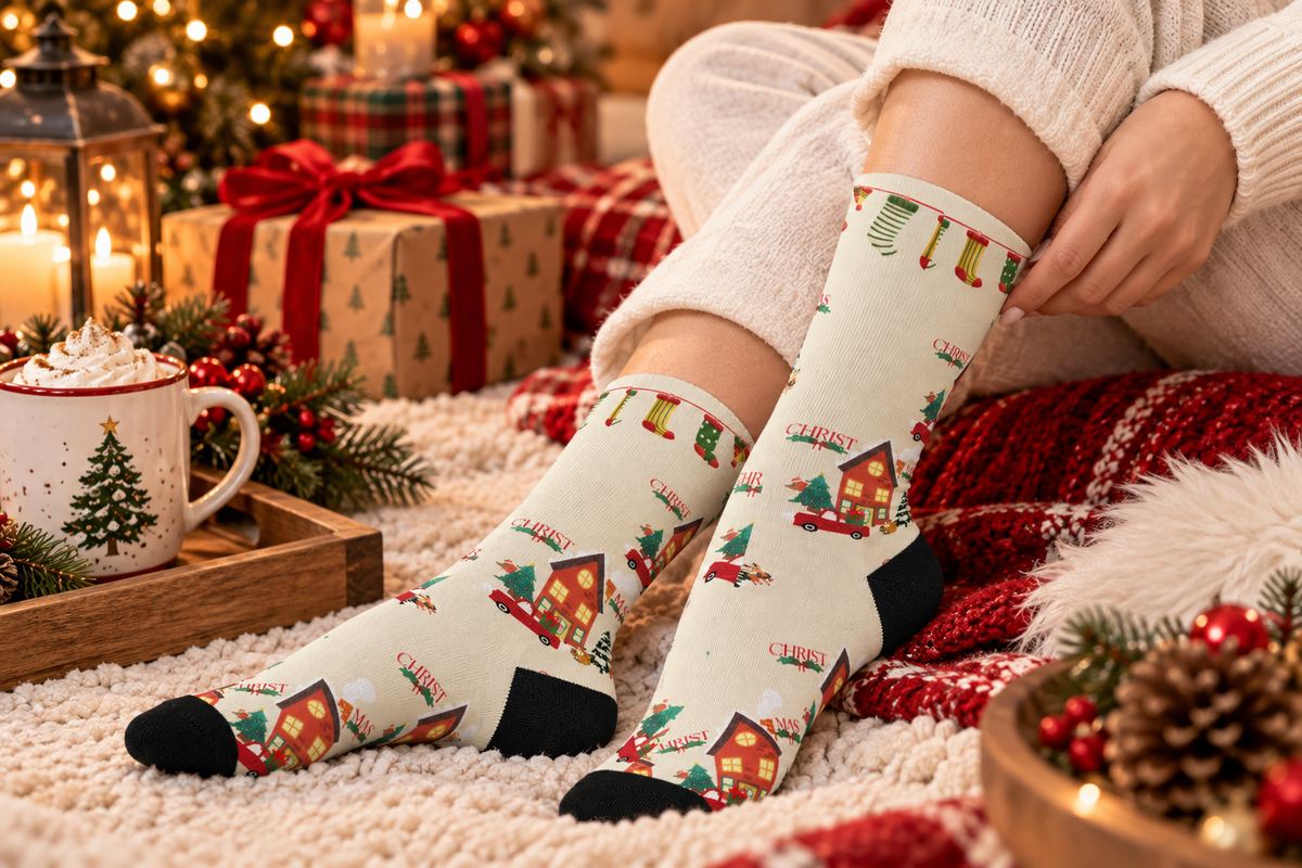 Christmas Village Mid-Length Socks — Cozy Holiday Tree & Car Pattern