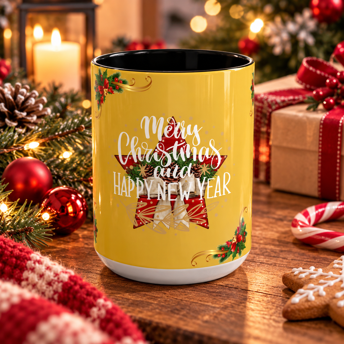Christmas Coffee Mug - "Merry Christmas and Happy New Year" Accent Holiday Tea Cup (15oz)