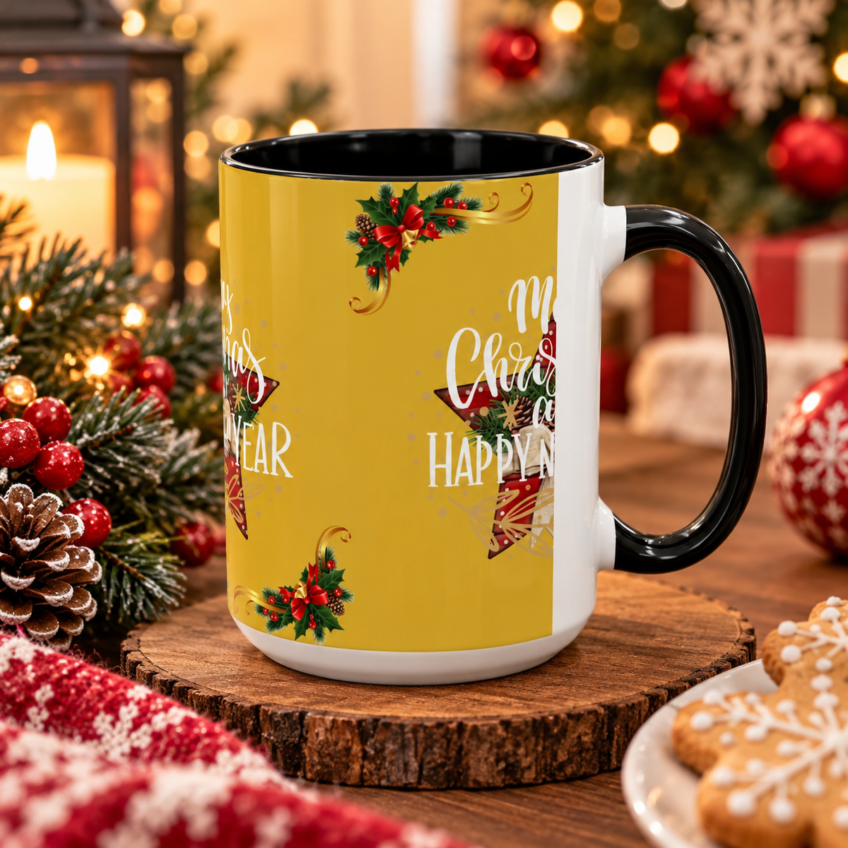 Christmas Coffee Mug - "Merry Christmas and Happy New Year" Accent Holiday Tea Cup (15oz)