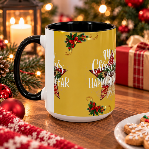 Christmas Coffee Mug - "Merry Christmas and Happy New Year" Accent Holiday Tea Cup (15oz)