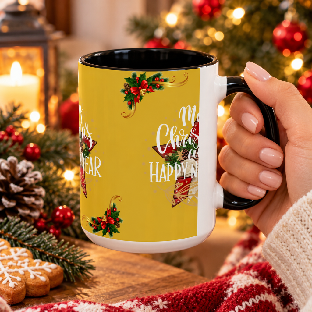 Christmas Coffee Mug - "Merry Christmas and Happy New Year" Accent Holiday Tea Cup (15oz)