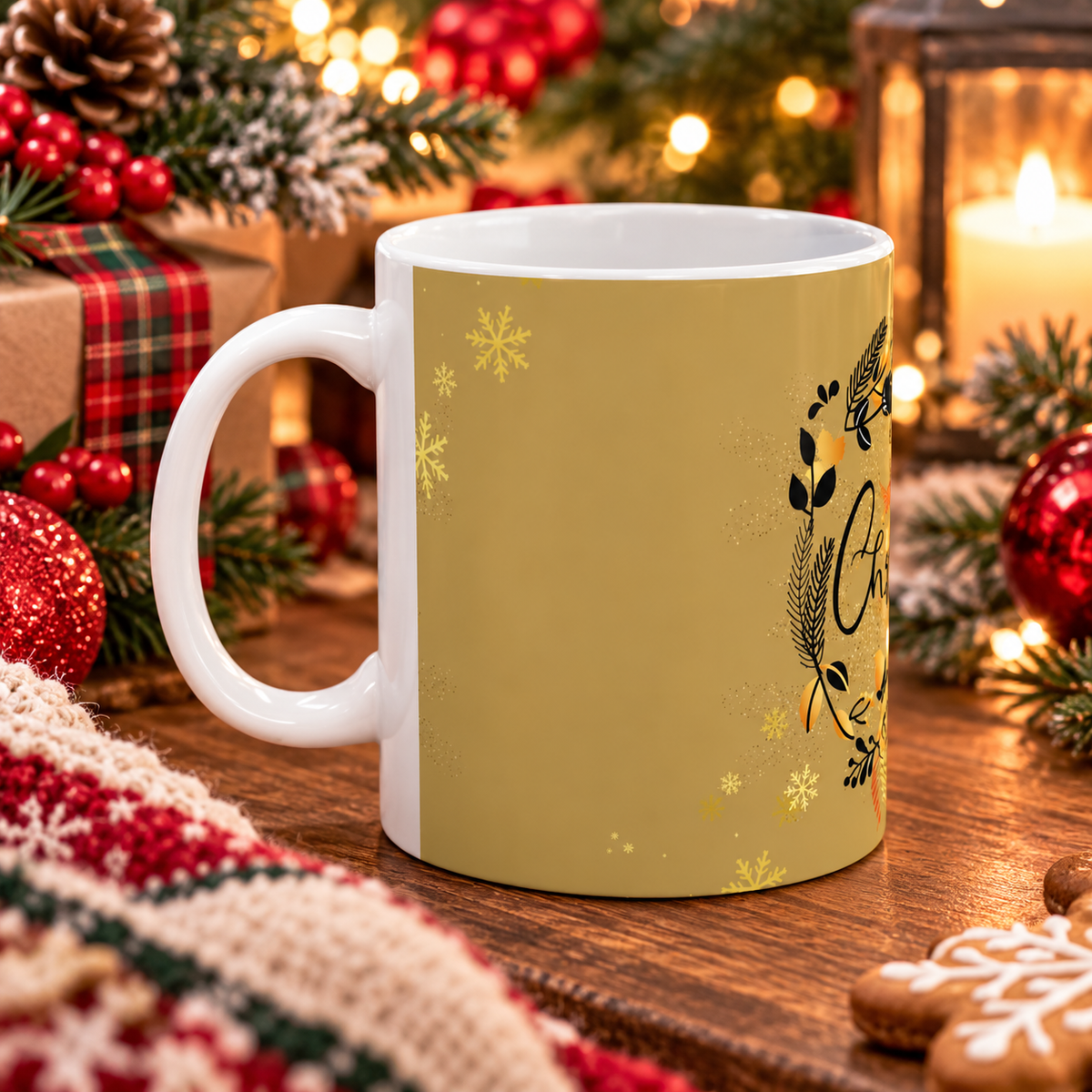Christmas Wreath Ceramic Mug — Merry Christmas Gold Holiday Coffee Cup (11oz)