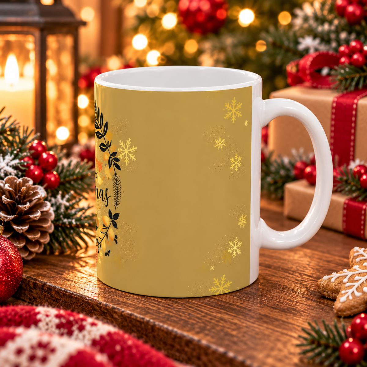 Christmas Wreath Ceramic Mug — Merry Christmas Gold Holiday Coffee Cup (11oz)
