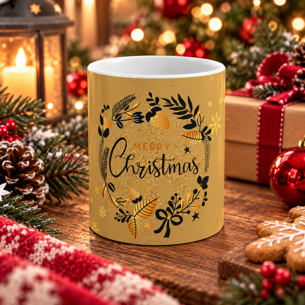 Christmas Wreath Ceramic Mug — Merry Christmas Gold Holiday Coffee Cup (11oz)
