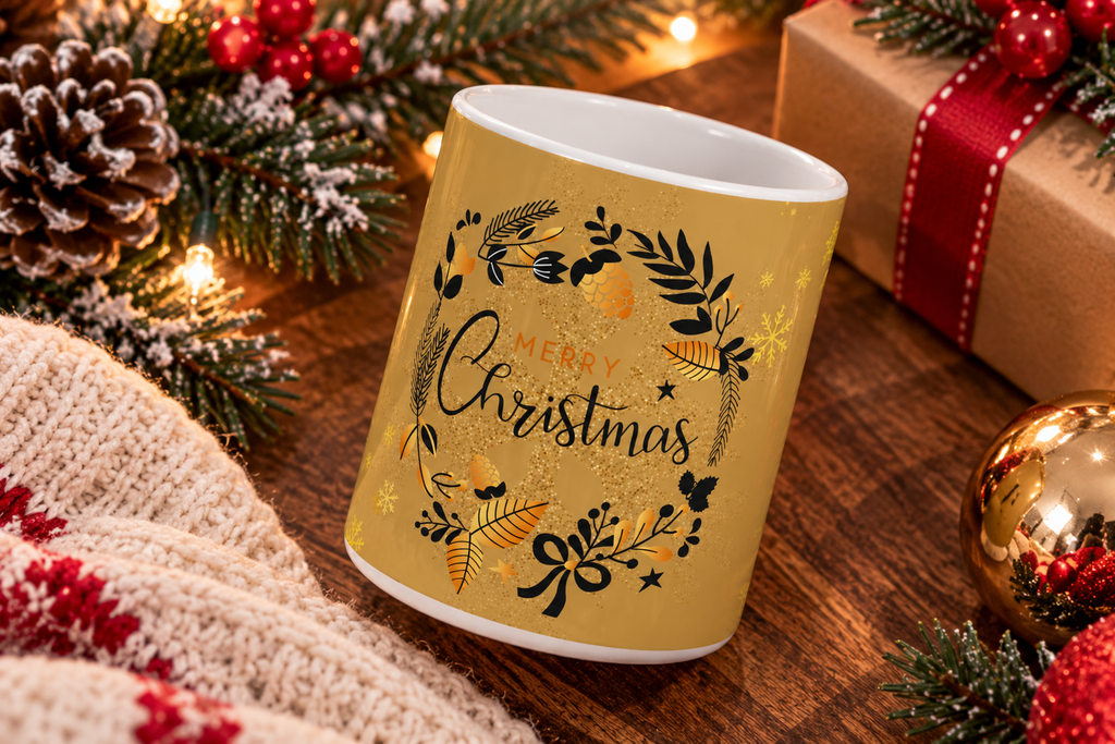 Christmas Wreath Ceramic Mug — Merry Christmas Gold Holiday Coffee Cup (11oz)