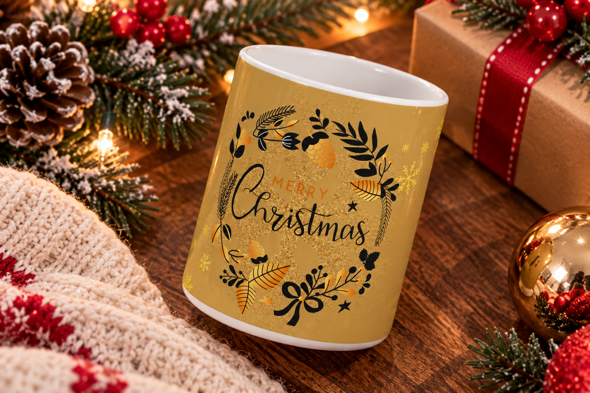 Christmas Wreath Ceramic Mug — Merry Christmas Gold Holiday Coffee Cup (11oz)