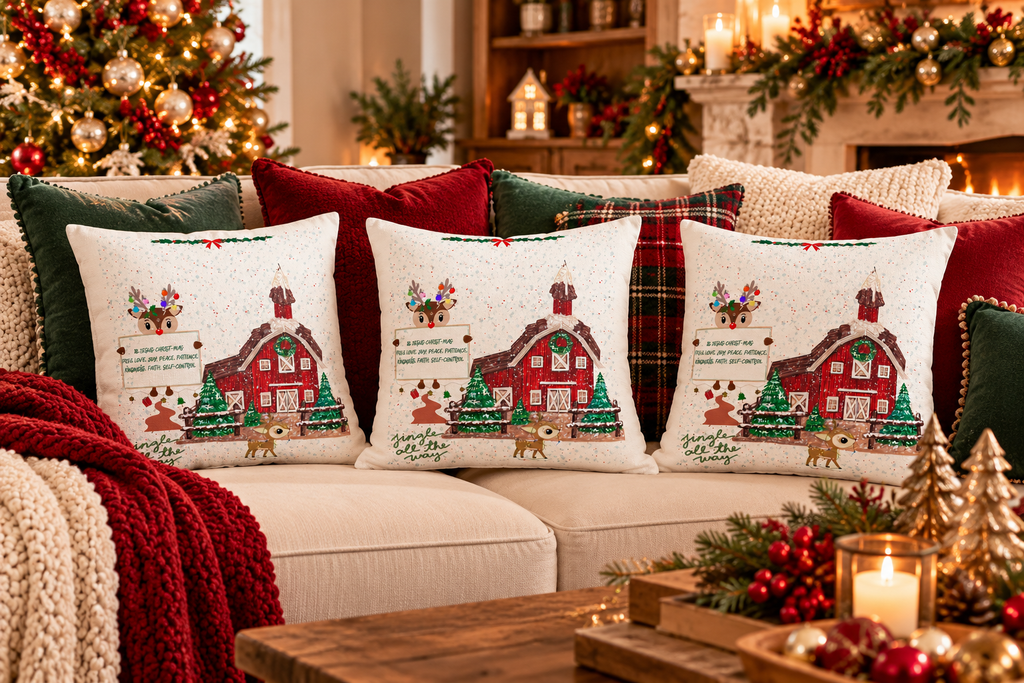 Christmas Barn Holiday Throw Pillow — 'Jingle All the Way' Jesus Farmhouse Decor
